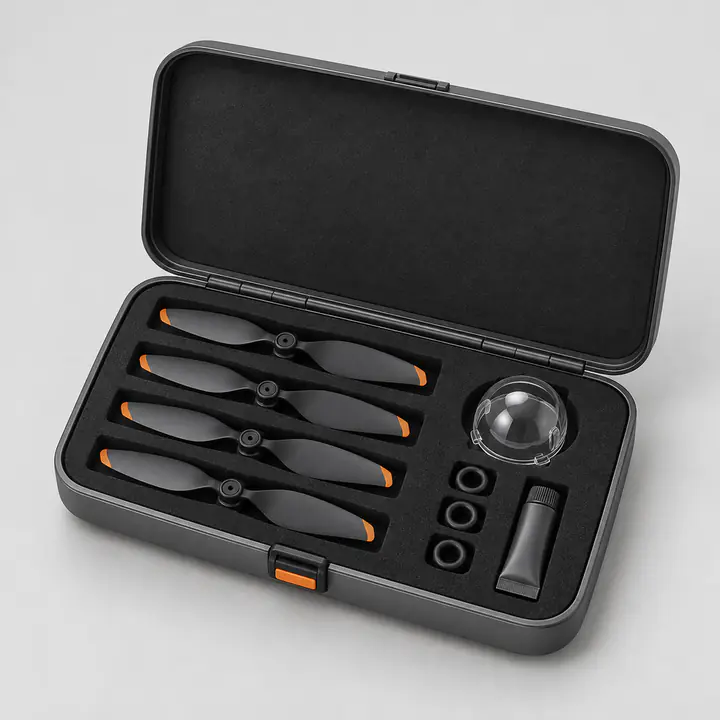 Boat care kit: Case, spare propellers and a lens protector.