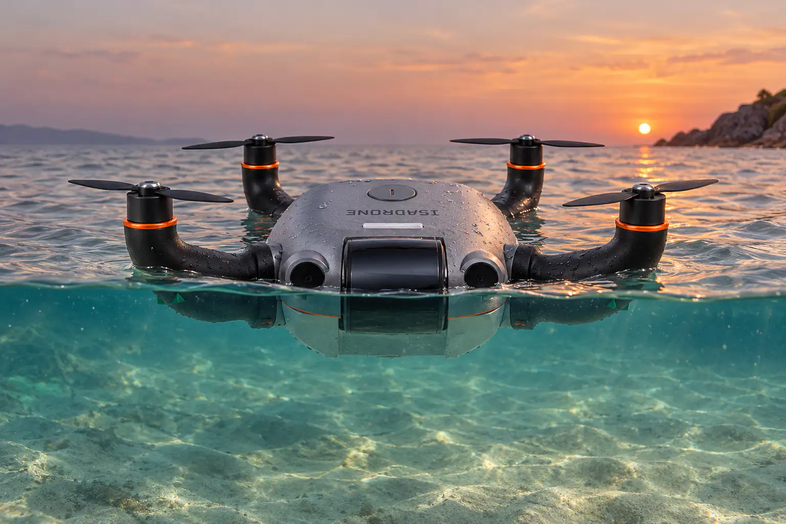 Isadrone floating with the waterline across its front camera housing, half above and half below the surface