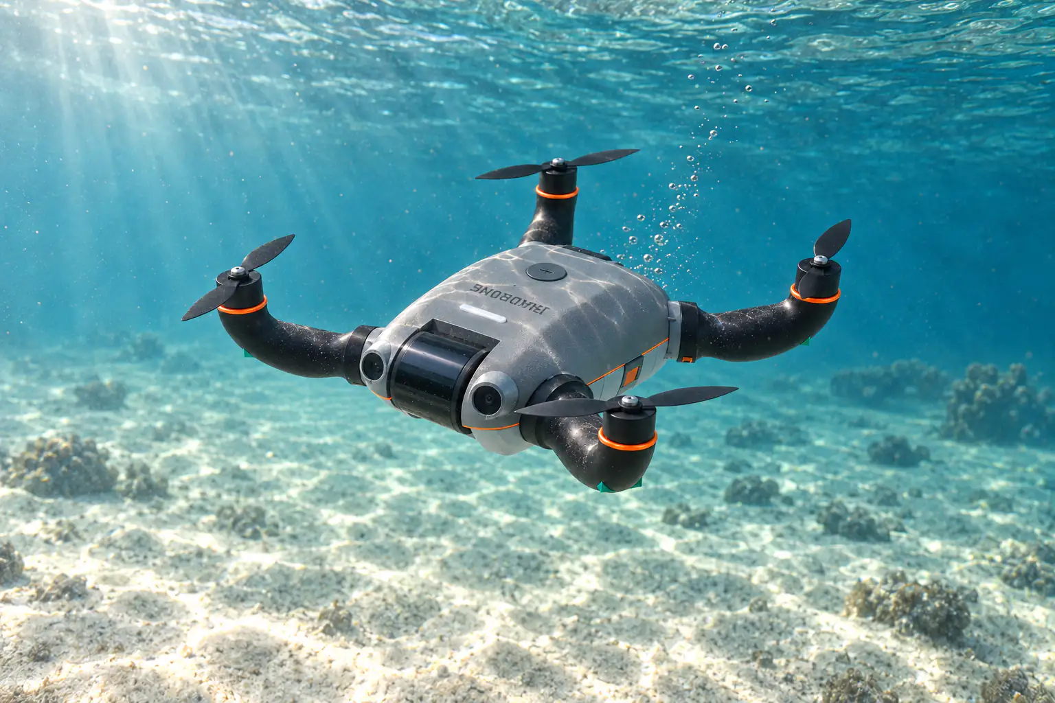 Isadrone gliding under water above a sandy sea floor