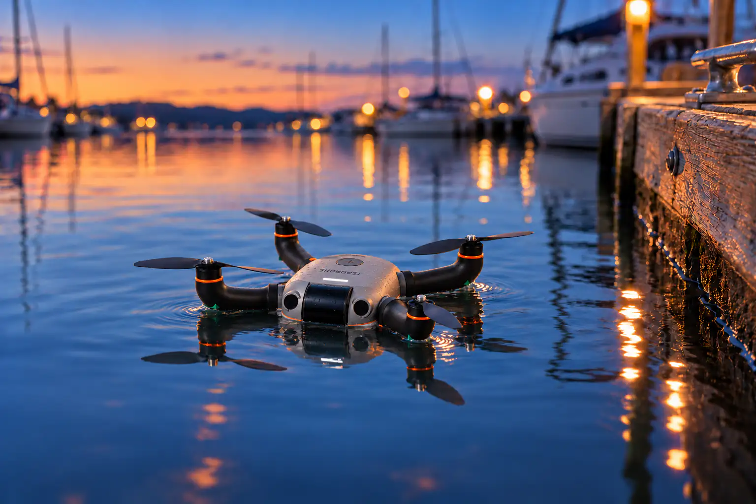 Isadrone floating beside a marina dock at dusk