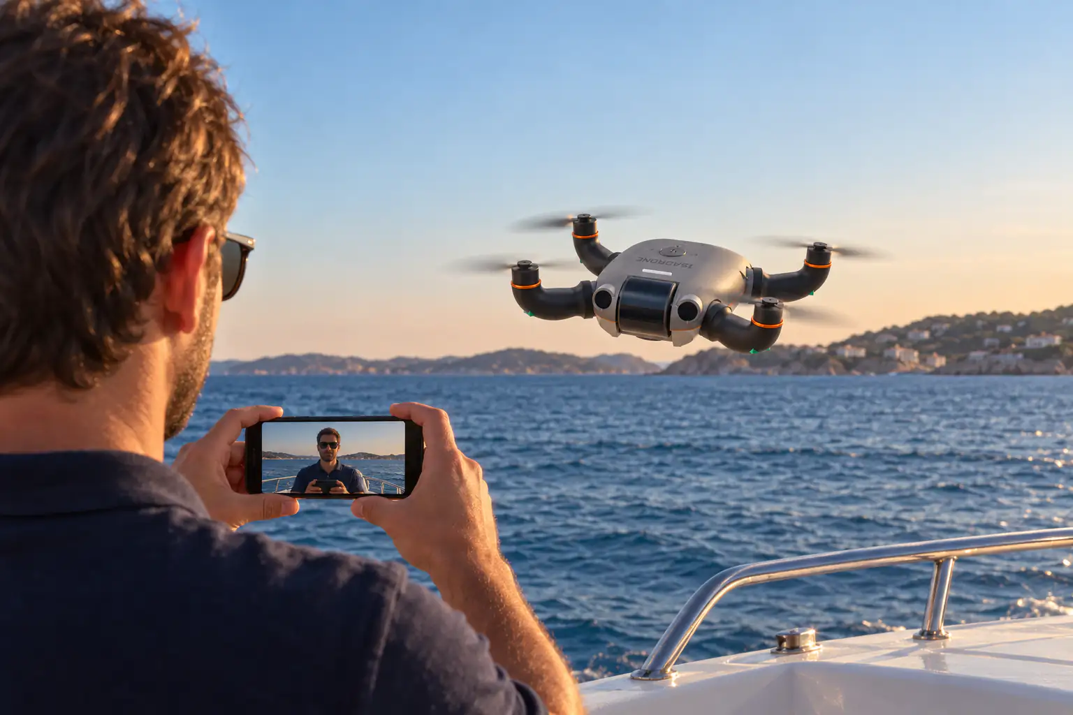 A boater on deck holding a phone while Isadrone hovers over the water ahead