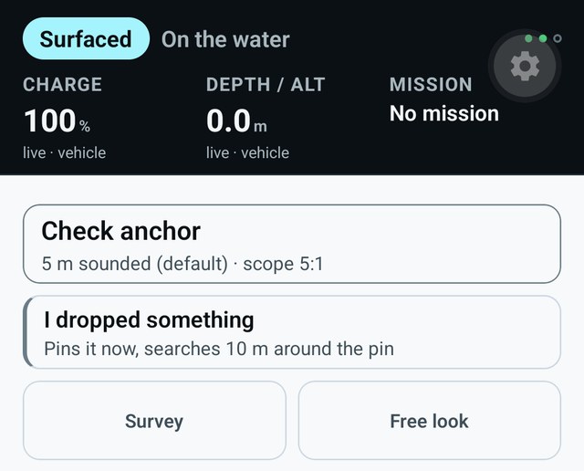 The Isadrone app: link up, charge, depth, and the Check anchor mission.