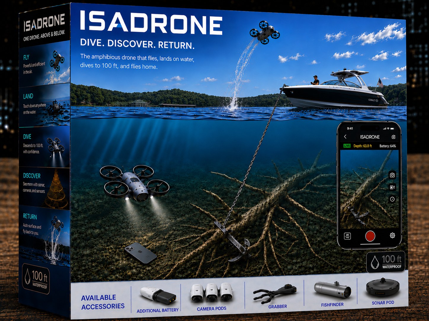 The Isadrone retail box: the drone above and below the water, the app on a phone, the accessories along the bottom.