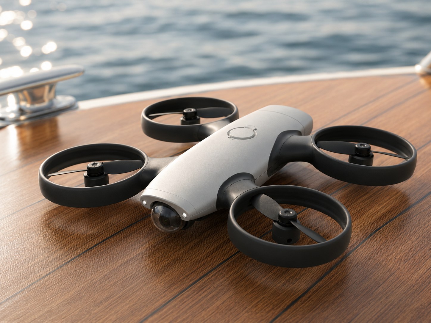 Isadrone resting on a teak swim platform at dusk, water behind it.