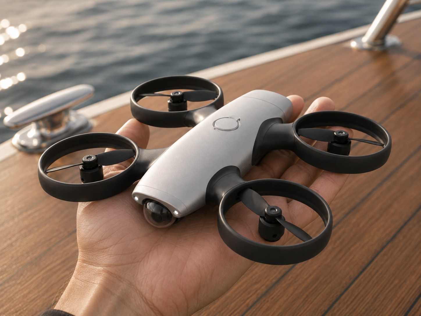 Isadrone held flat on an open hand on a boat deck.