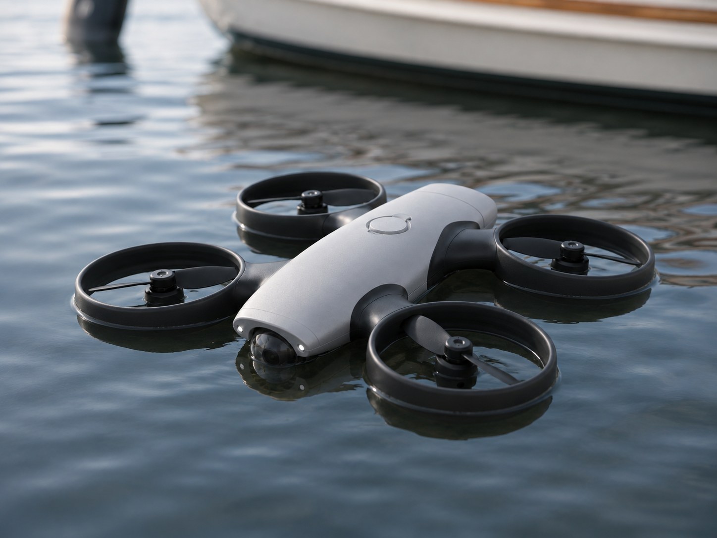 Isadrone floating on calm water beside a boat hull.