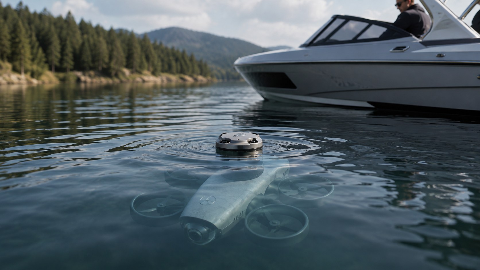 The relay puck floating on the surface while the drone works below it.