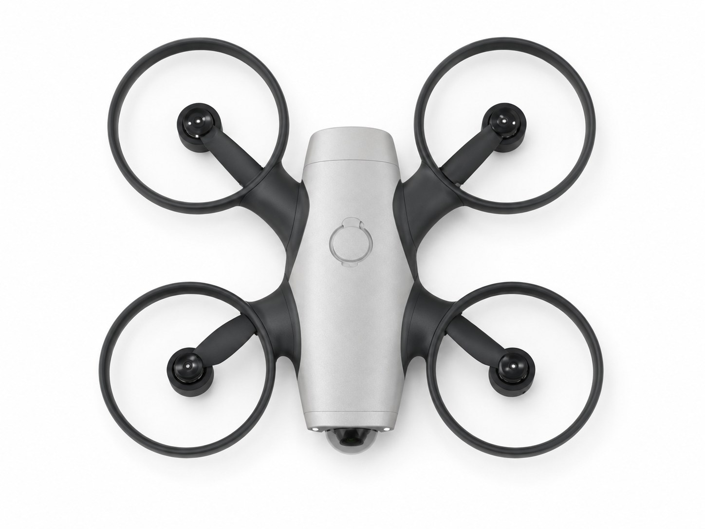 Isadrone seen from above on a white ground: a slim sealed body, four arms, a camera in the nose.